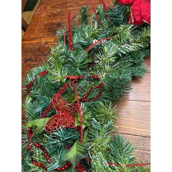 Handmade Large 26” Christmas Wreath Butterfly Lights Beads Poinsettia Wire Back - Picture 6 of 11